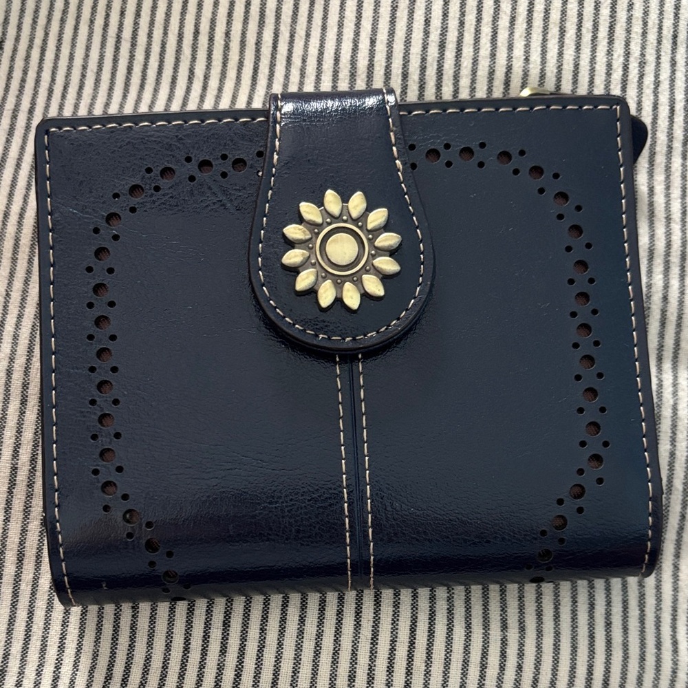 Navy Blue Leather Wallet with Floral Accent